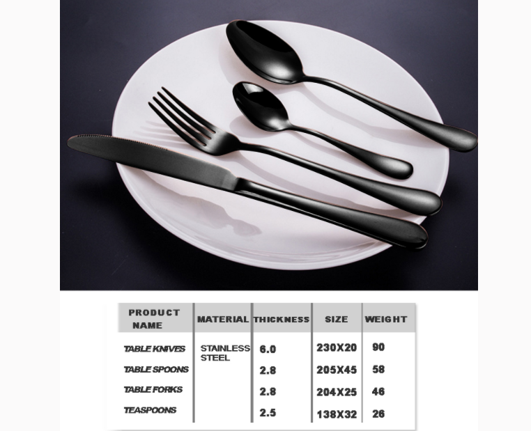 RYNX | Set Black 32 pcs Stainless Steel Knife Fork Spoon Stylish Teaspoon Kitchen