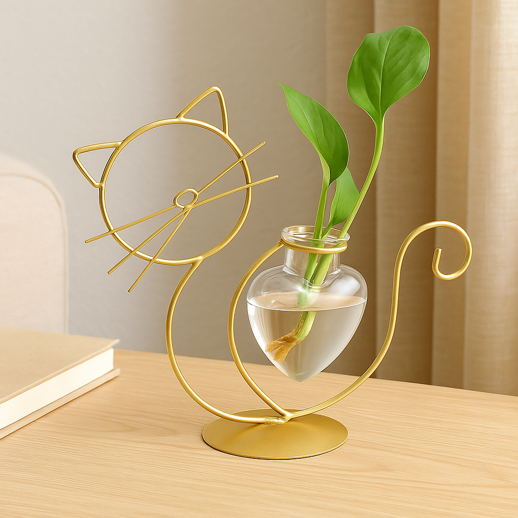 Rynx | FelineBloom – Heart-shaped glass planter box with cat-inspired holder