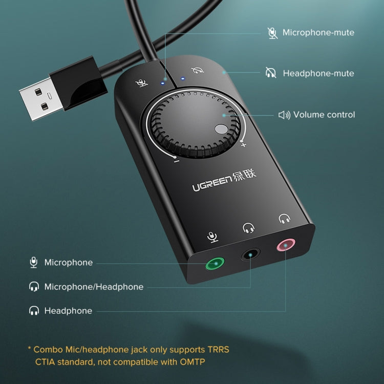 Rynx | UGREEN CM109 USB to 3-Ports 3.5mm Computer External Audio Card with Volume Control, Length: 15cm