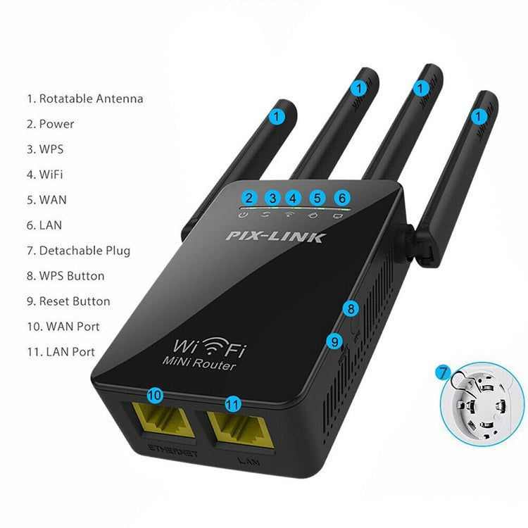 Rynx | Wireless Smart WiFi Router Repeater with 4 WiFi Antennas, Plug Specification: EU Plug (Black)