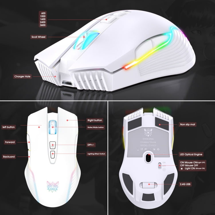 Rynx | ONIKUMA CW905 2.4G RGB Lighting Wireless Mouse (Gray White)