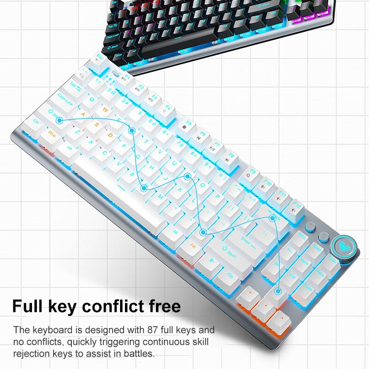 Rynx | AULA F3001 Backlit 87 Keys Wired/Wireless/Bluetooth Three Model Mechanical Gaming Keyboard (Silver White Tea Shaft)