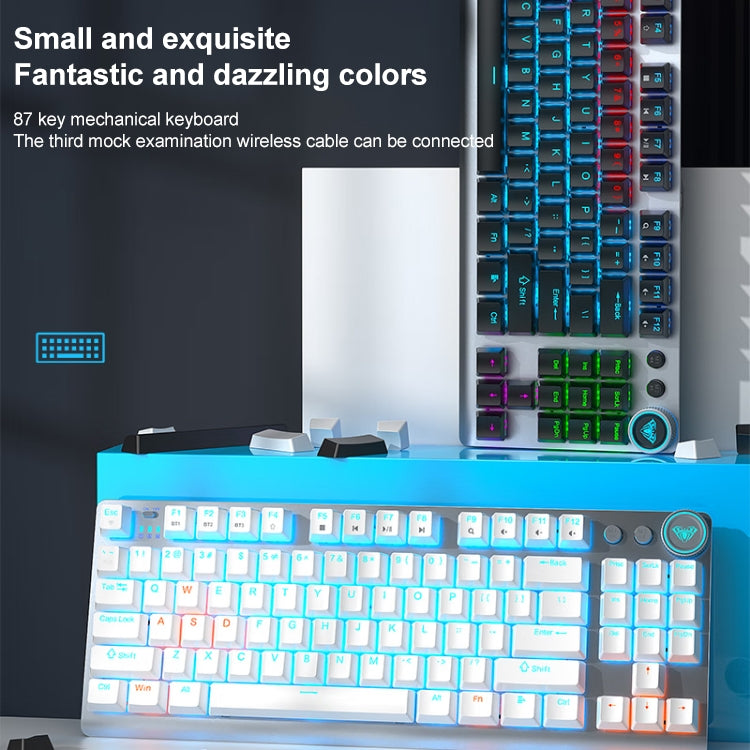 Rynx | AULA F3001 Backlit 87 Keys Wired/Wireless/Bluetooth Three Model Mechanical Gaming Keyboard (Silver White Tea Shaft)