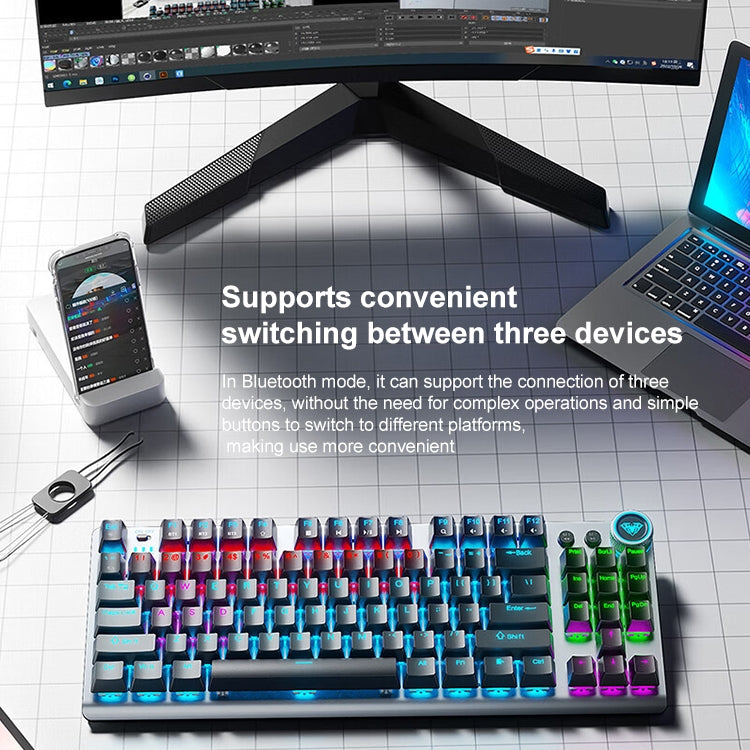 Rynx | AULA F3001 Backlit 87 Keys Wired/Wireless/Bluetooth Three Model Mechanical Gaming Keyboard (Silver White Tea Shaft)