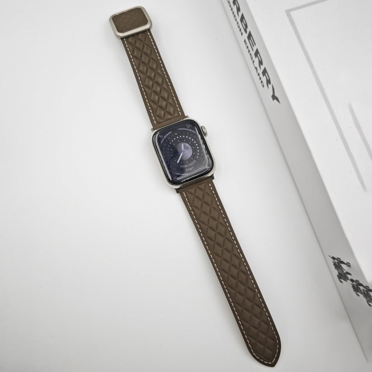 Rynx | For Apple Watch Series 9 45mm Rhombus Pattern Magnetic Square Buckle Leather Watch Band (Brown)