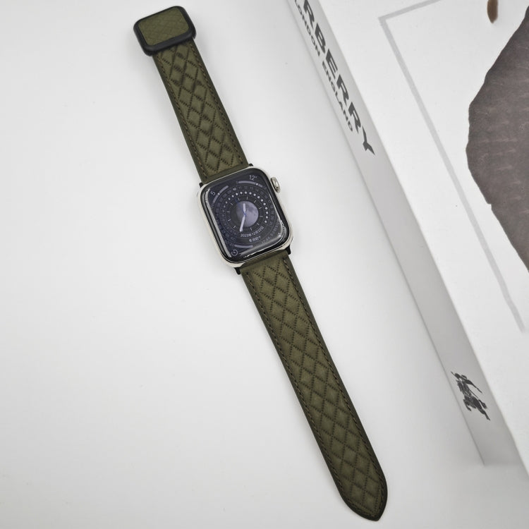 Rynx | For Apple Watch Series 8 41mm Rhombus Pattern Magnetic Square Buckle Leather Strap (Army Green)