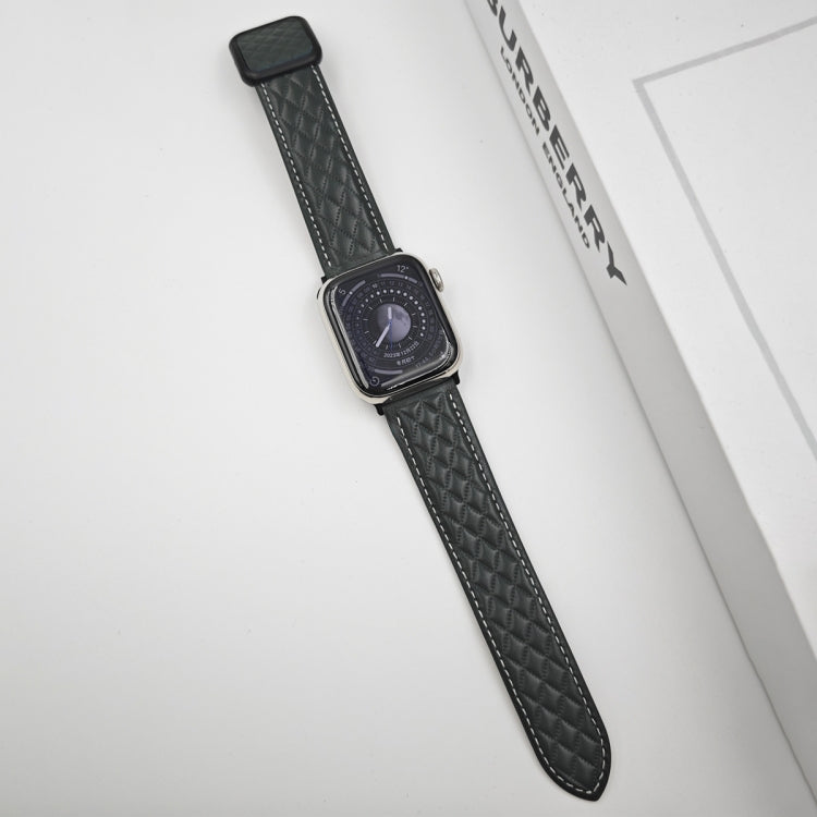 Rynx | For Apple Watch SE 40mm Diamond Pattern Magnetic Square Buckle Leather Watch Band (Dark Green)