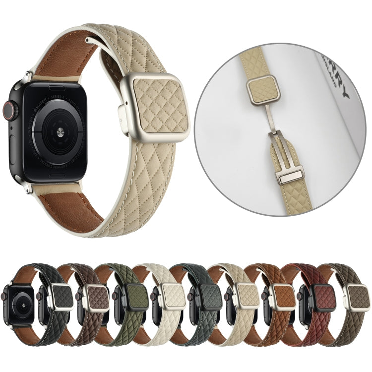 Rynx | For Apple Watch Series 9 45mm Rhombus Pattern Magnetic Square Buckle Leather Watch Band (Brown)
