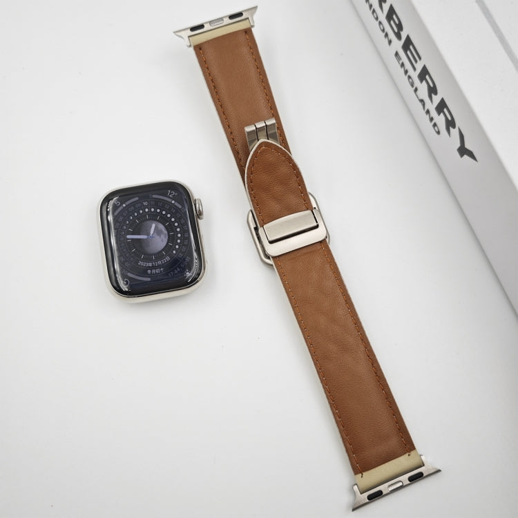 Rynx | For Apple Watch Series 9 45mm Rhombus Pattern Magnetic Square Buckle Leather Watch Band (Brown)