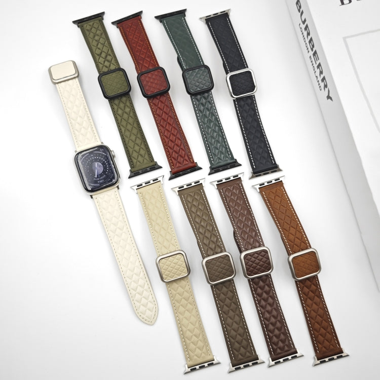 Rynx | For Apple Watch Series 9 45mm Rhombus Pattern Magnetic Square Buckle Leather Watch Band (Brown)