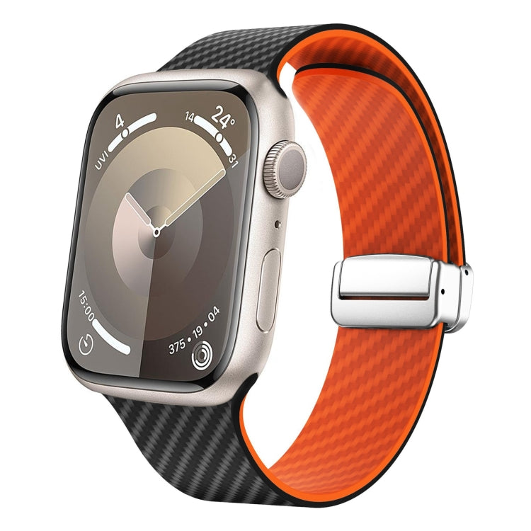Rynx | For Apple Watch Series 9 45mm Carbon Fiber Magnetic Silver Buckle Watch Band (Black Orange)