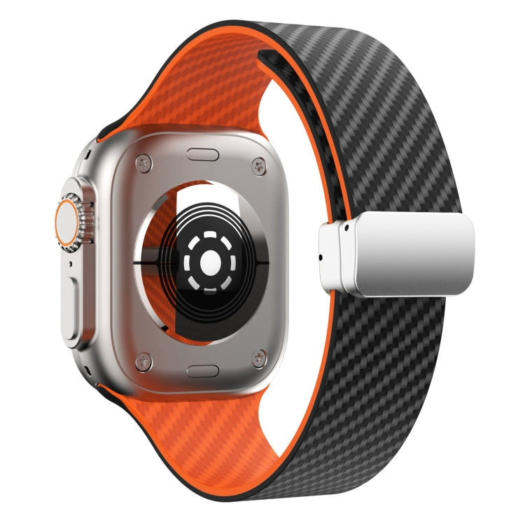 Rynx | For Apple Watch Series 9 45mm Carbon Fiber Magnetic Silver Buckle Watch Band (Black Orange)