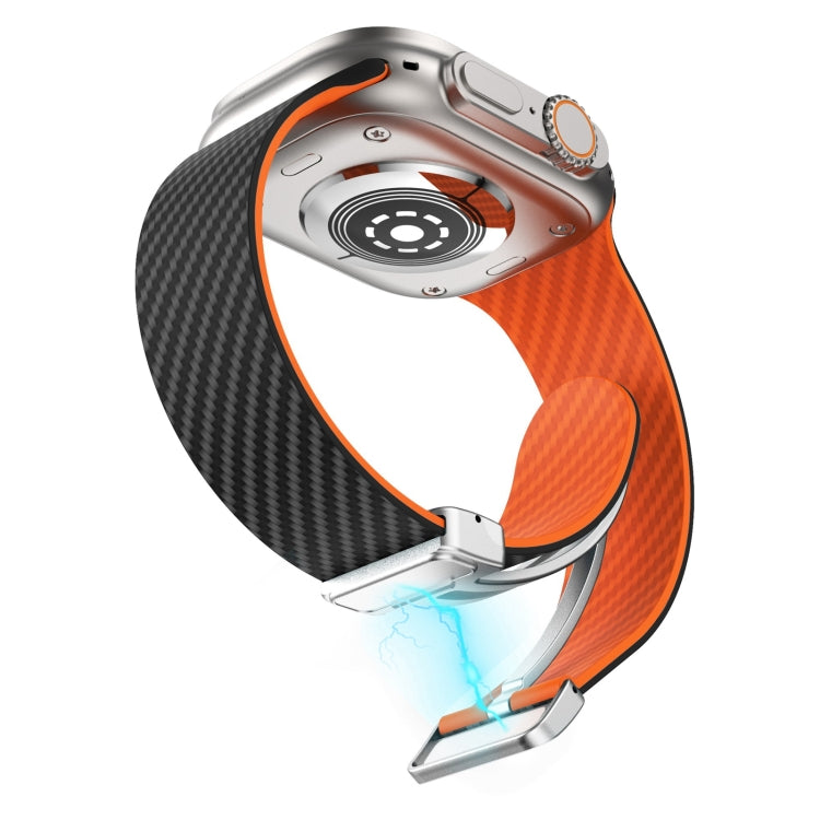 Rynx | For Apple Watch Series 9 45mm Carbon Fiber Magnetic Silver Buckle Watch Band (Black Orange)