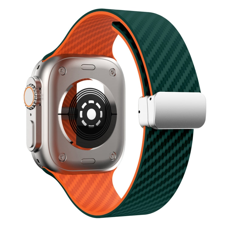 Rynx | For Apple Watch Series 9 45mm Carbon Fiber Magnetic Silver Buckle Watch Band (Deep Green Orange)
