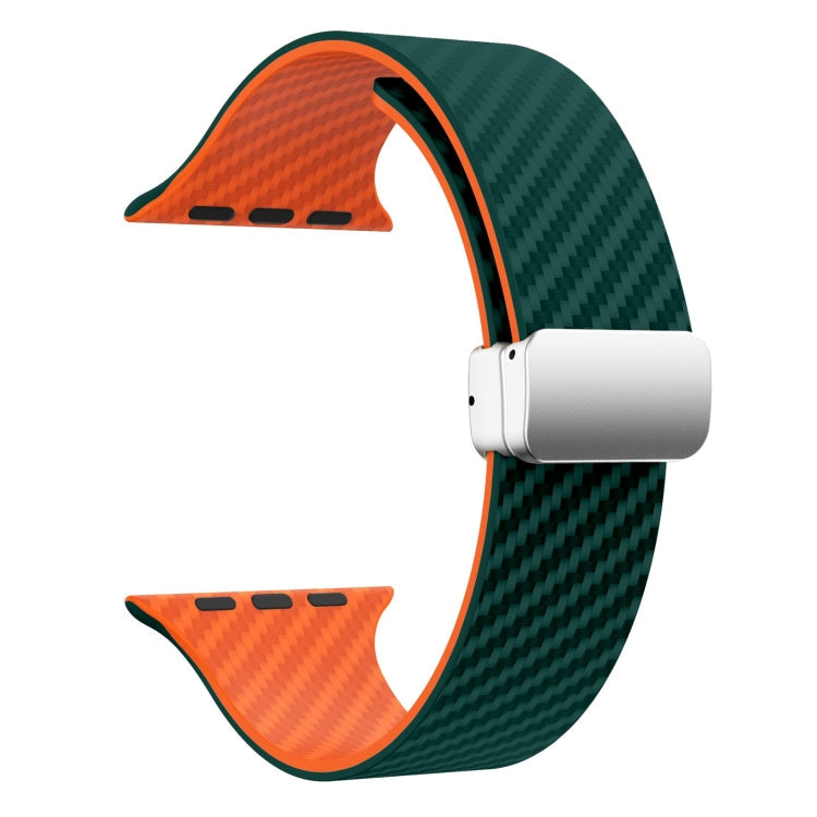 Rynx | For Apple Watch Series 9 45mm Carbon Fiber Magnetic Silver Buckle Watch Band (Deep Green Orange)
