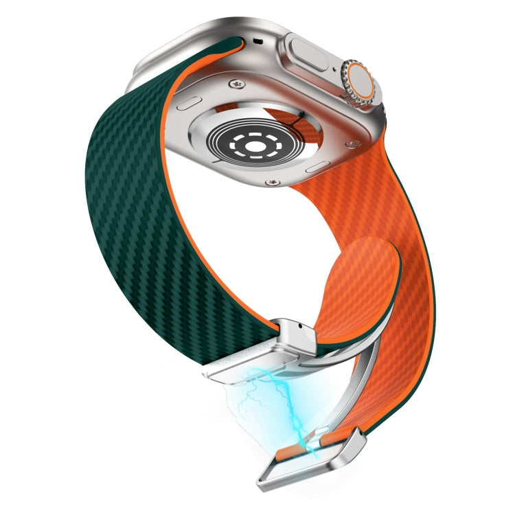 Rynx | For Apple Watch Series 9 45mm Carbon Fiber Magnetic Silver Buckle Watch Band (Deep Green Orange)
