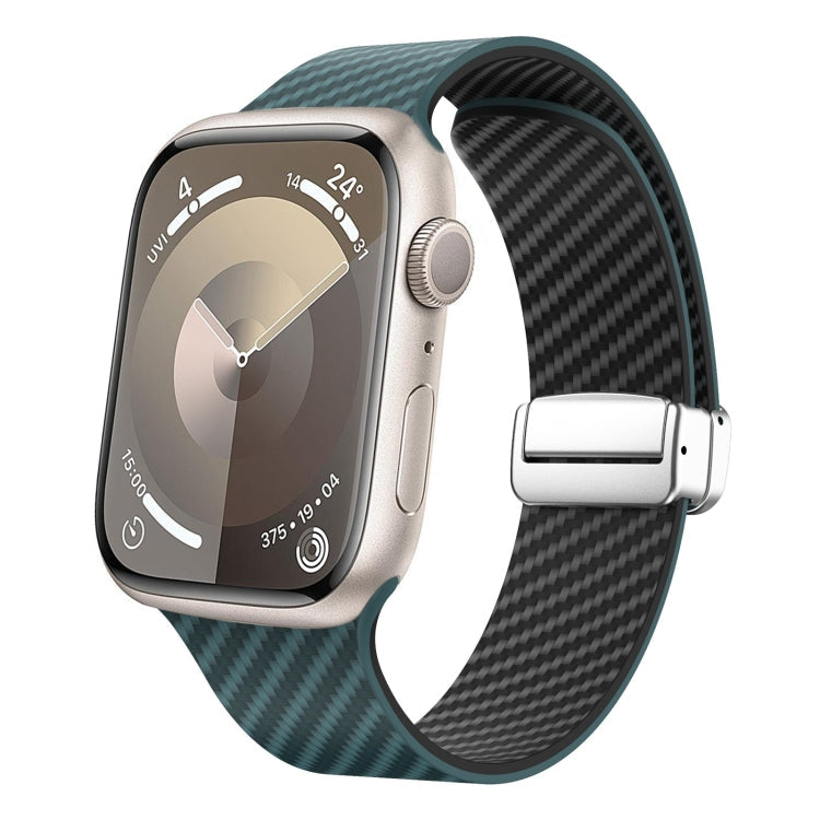 Rynx | For Apple Watch Series 9 45mm Carbon Fiber Magnetic Silver Buckle Strap (Deep Green Black)