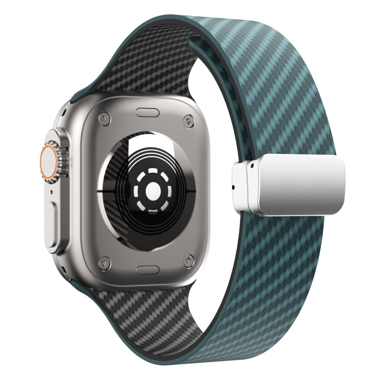 Rynx | For Apple Watch Series 9 45mm Carbon Fiber Magnetic Silver Buckle Strap (Deep Green Black)