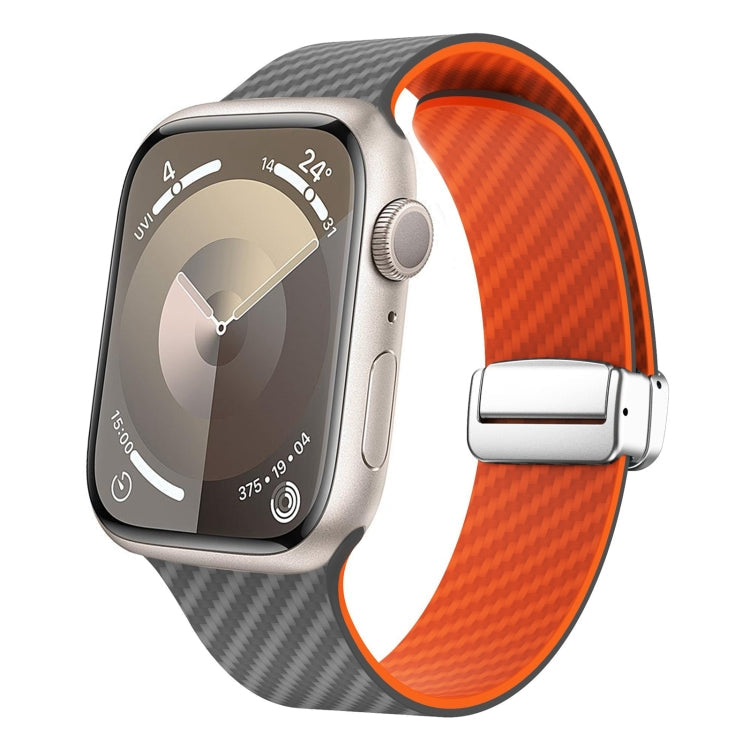 Rynx | For Apple Watch Series 9 45mm Carbon Fiber Magnetic Silver Buckle Watch Band (Spacy Gray Orange)