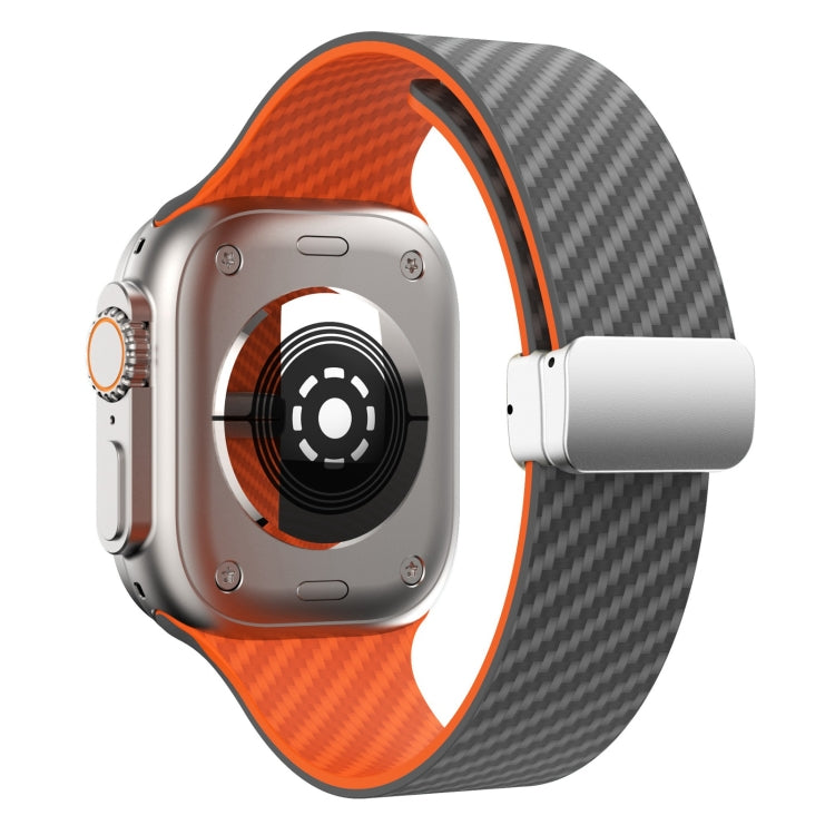 Rynx | For Apple Watch Series 9 45mm Carbon Fiber Magnetic Silver Buckle Watch Band (Spacy Gray Orange)