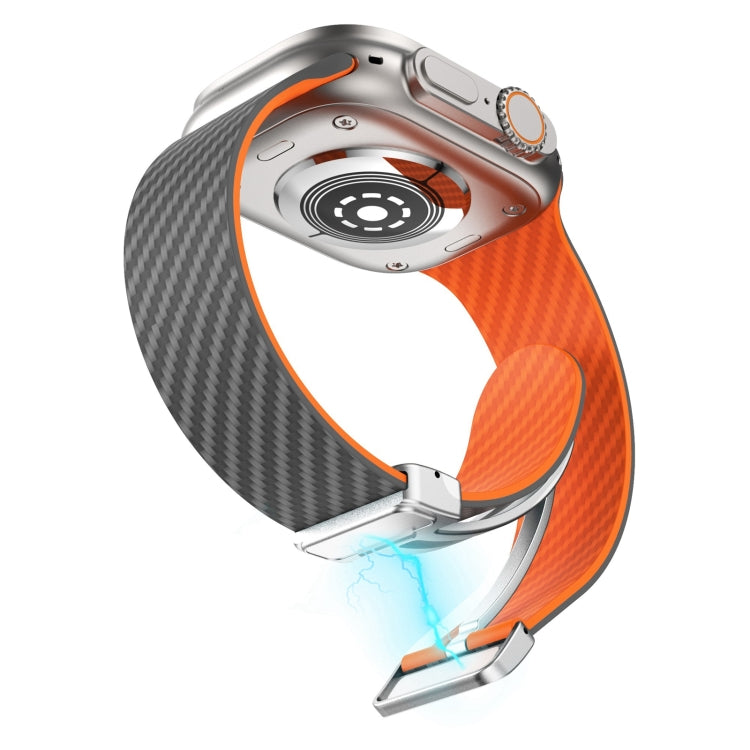 Rynx | For Apple Watch Series 9 45mm Carbon Fiber Magnetic Silver Buckle Watch Band (Spacy Gray Orange)
