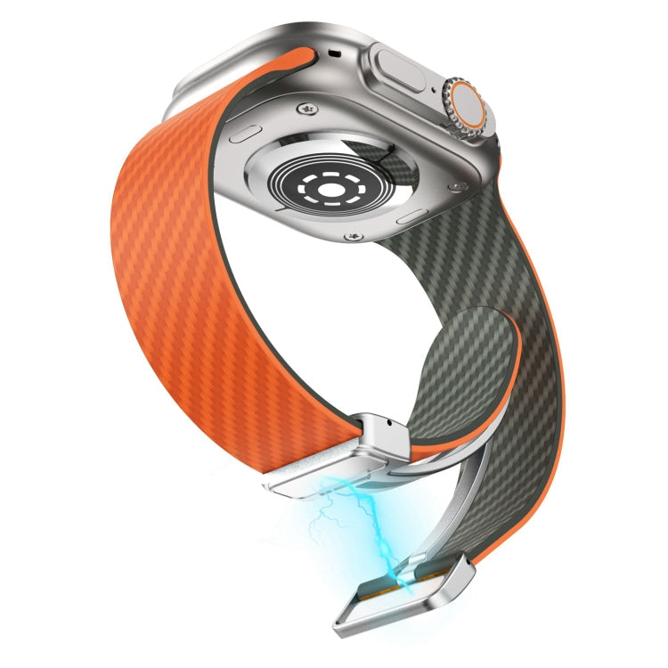 Rynx | For Apple Watch Series 5 44mm Carbon Fiber Magnetic Silver Buckle Watch Band (Orange Grass)