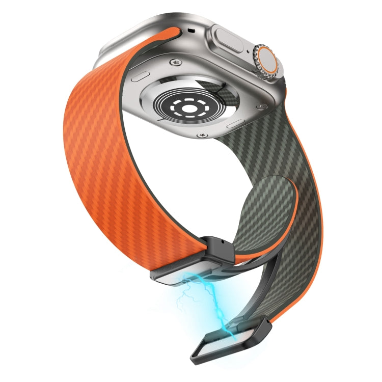 Rynx | For Apple Watch Series 9 45mm Carbon Fiber Magnet Black Buckle Watch Band (Orange Grass)