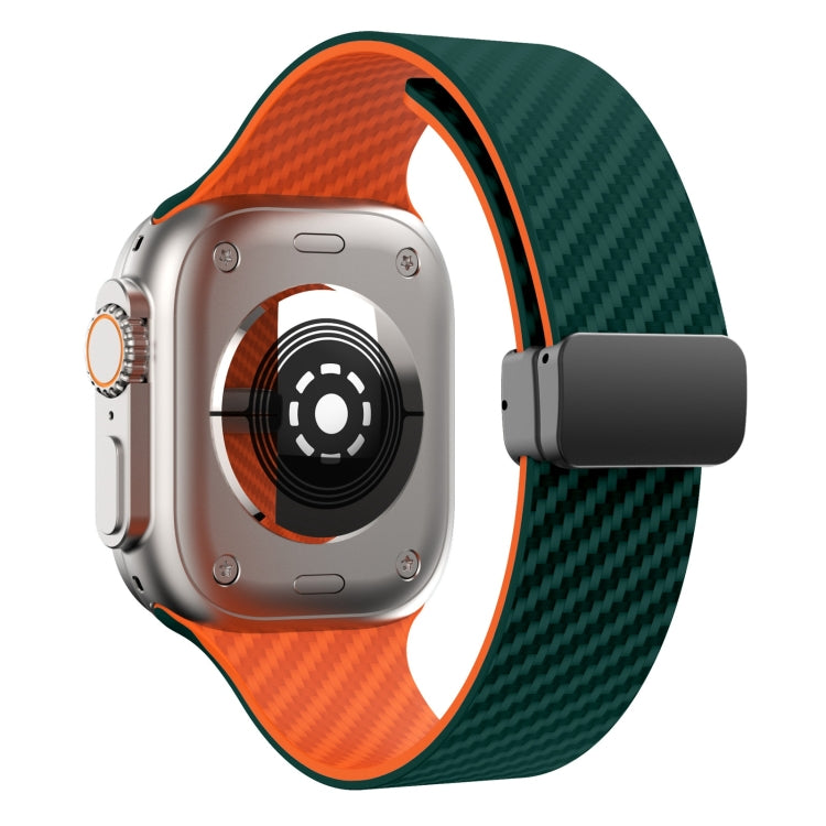 Rynx | For Apple Watch Series 9 45mm Carbon Fiber Magnetic Black Buckle Watch Strap (Dark Green Orange)