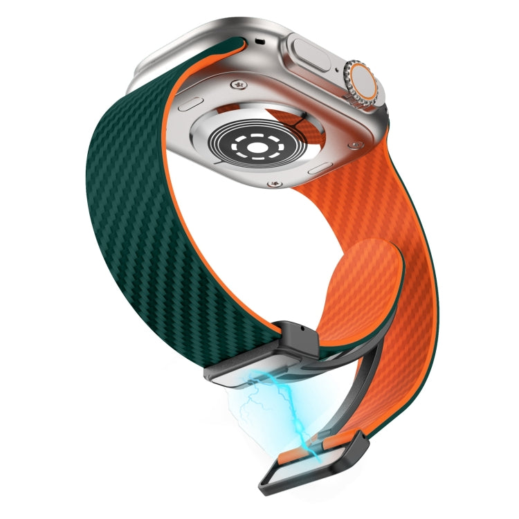 Rynx | For Apple Watch Series 9 45mm Carbon Fiber Magnetic Black Buckle Watch Strap (Dark Green Orange)