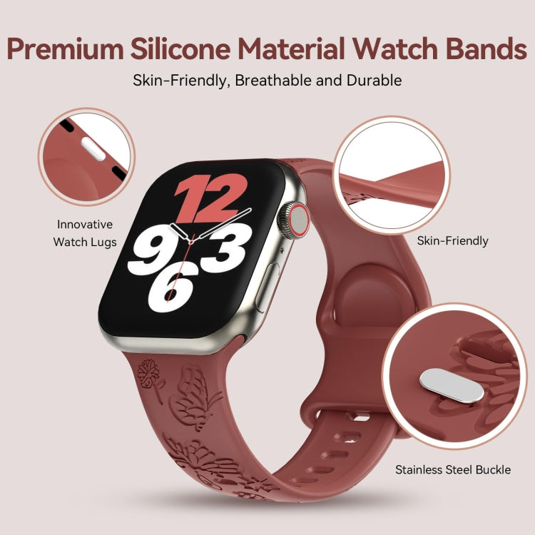 Rynx | For Apple Watch Series 9 45mm Butterfly Flower Embossed Silicone Watch Strap (Brick Red)