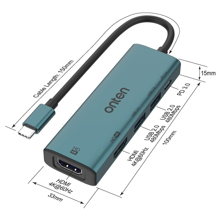 Rynx | Onten UC126 5 in 1 USB-C / Type-C to Dual HDMI + USB2.0 + PD3.0 Multi-Function HUB Docking Station