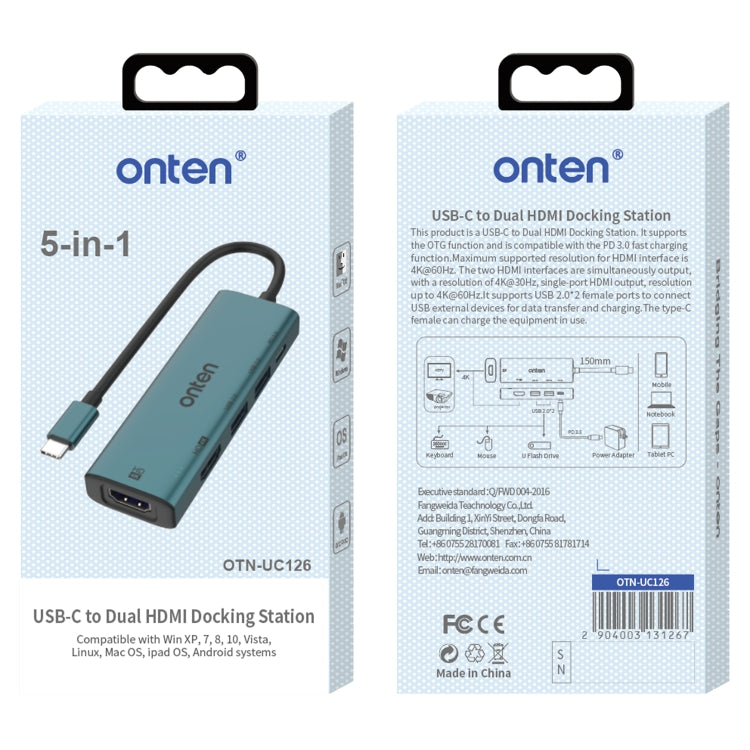 Rynx | Onten UC126 5 in 1 USB-C / Type-C to Dual HDMI + USB2.0 + PD3.0 Multi-Function HUB Docking Station