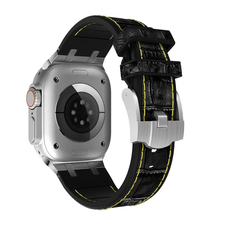 Rynx | For Apple Watch Series 9 45mm Crocodile Texture Liquid Silicone Watch Strap (Silver Yellow Black)