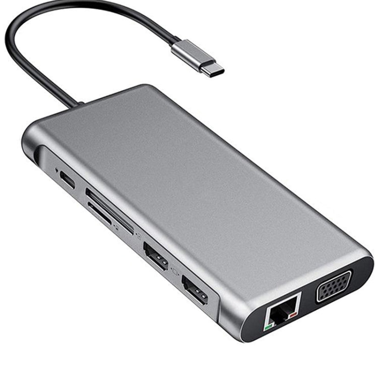 Rynx | 12 in 1 HDMI x2 + USB3.0 + USB2.0 + PD Charging + VGA + RJ45 + 3.5mm Jack + TF/SD x2 Type-C / USB-C HUB Docking Station (Dark Gray)