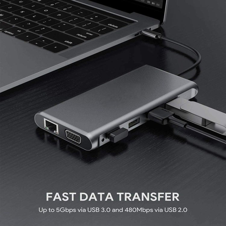 Rynx | 12 in 1 HDMI x2 + USB3.0 + USB2.0 + PD Charging + VGA + RJ45 + 3.5mm Jack + TF/SD x2 Type-C / USB-C HUB Docking Station (Dark Gray)