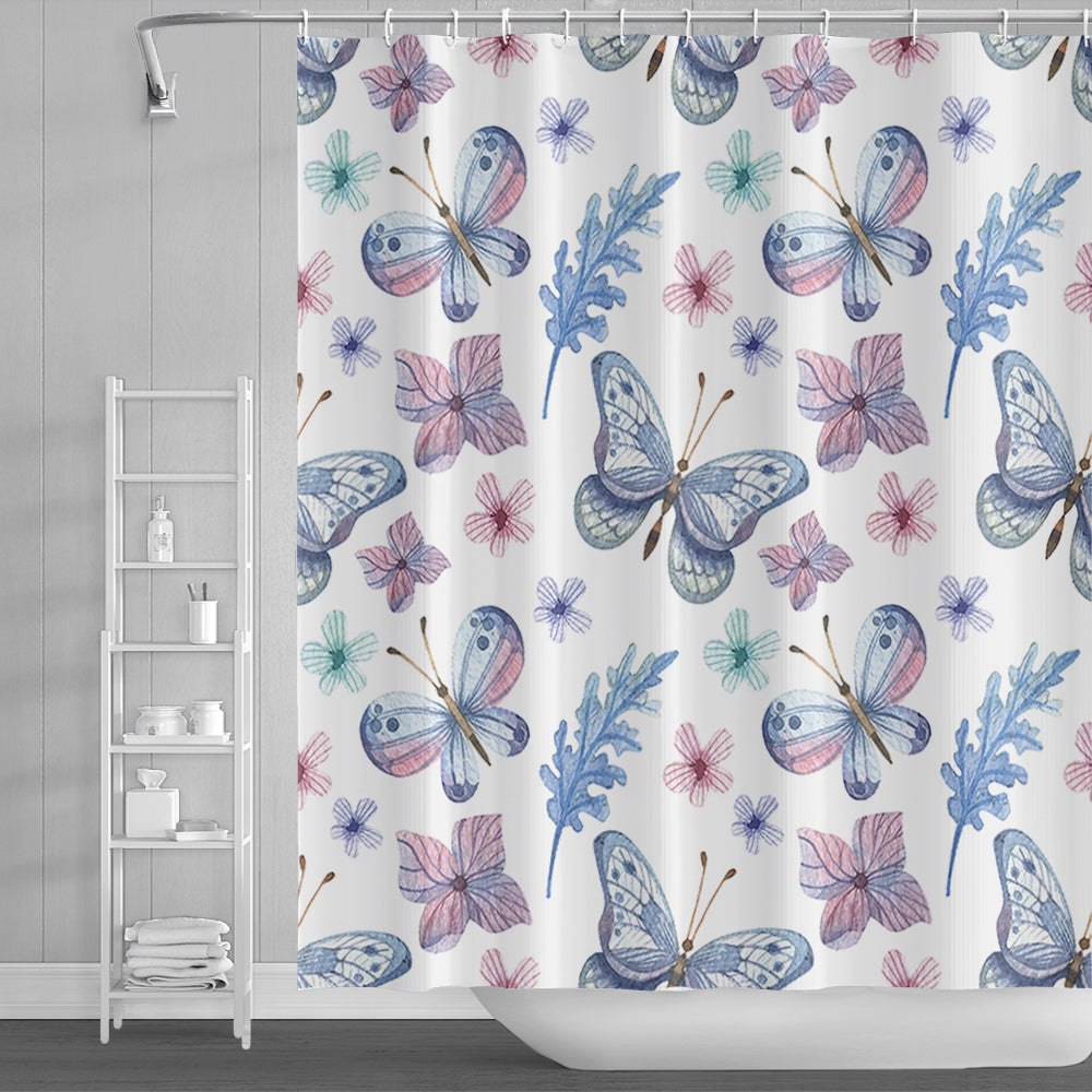 Rynx | Sweet Blue Pink Butterfly and Flower Shower Curtain with Hooks, Bathroom Curtains with Rings, Unique Bathroom Decoration, Boho Shower Curtain, Customizable Bathroom Curtains, Extra Long Shower Curtain
