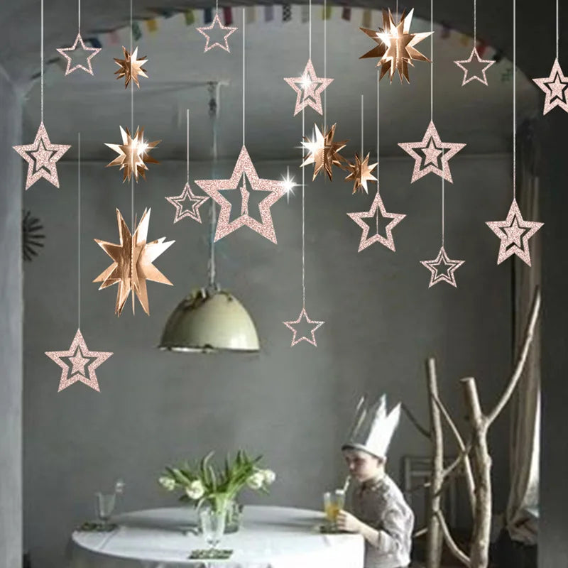 Rynx Rose Gold High Star Paper Garlands Banner Hanging for Wedding Christmas Decorations Kids Birthday Party Supplies Baby Party