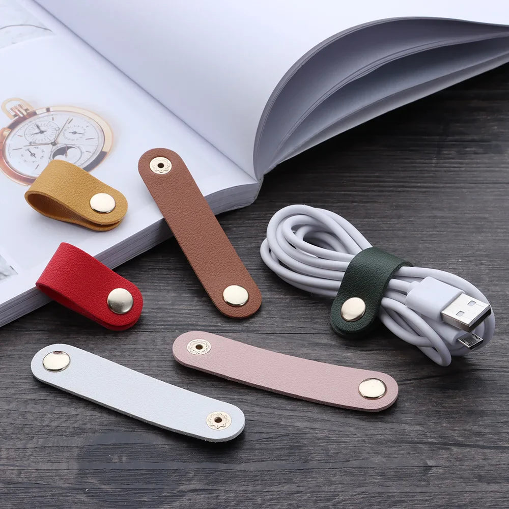 Rynx | Leather Charger Protector Desktop Storage Clips – Cable Winder Tie – Cable Management Cord Organizer – Earphone Accessories