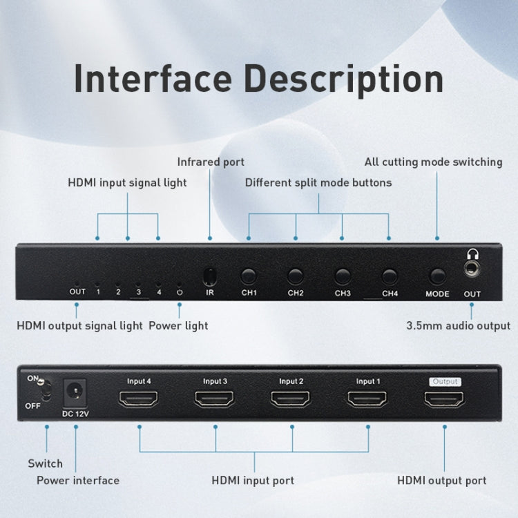 Rynx | Measy MV4341 4K 30Hz 4 In 1 Out HDMI Quad Screen Splitter, Plug Type: EU Plug (Black)