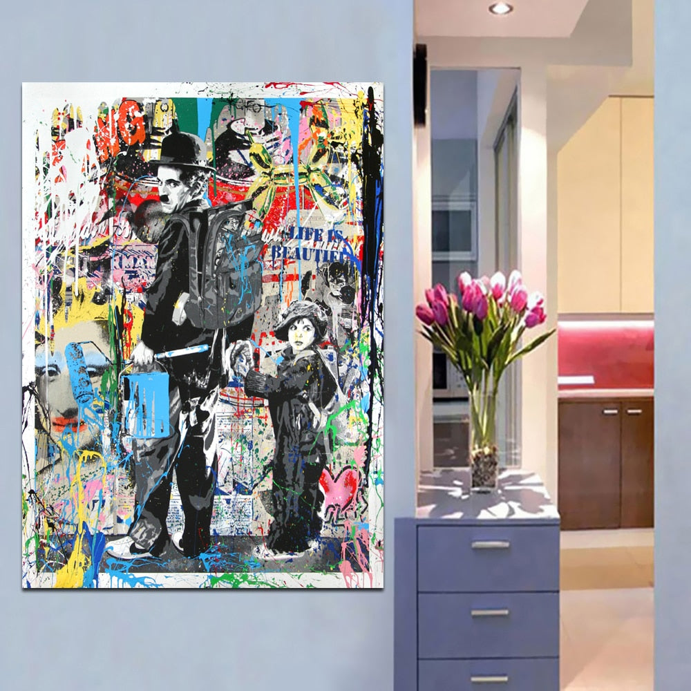 Rynx | Canvas painting graffiti art prints Charlie Chaplin oil painting wall art and prints living room decor