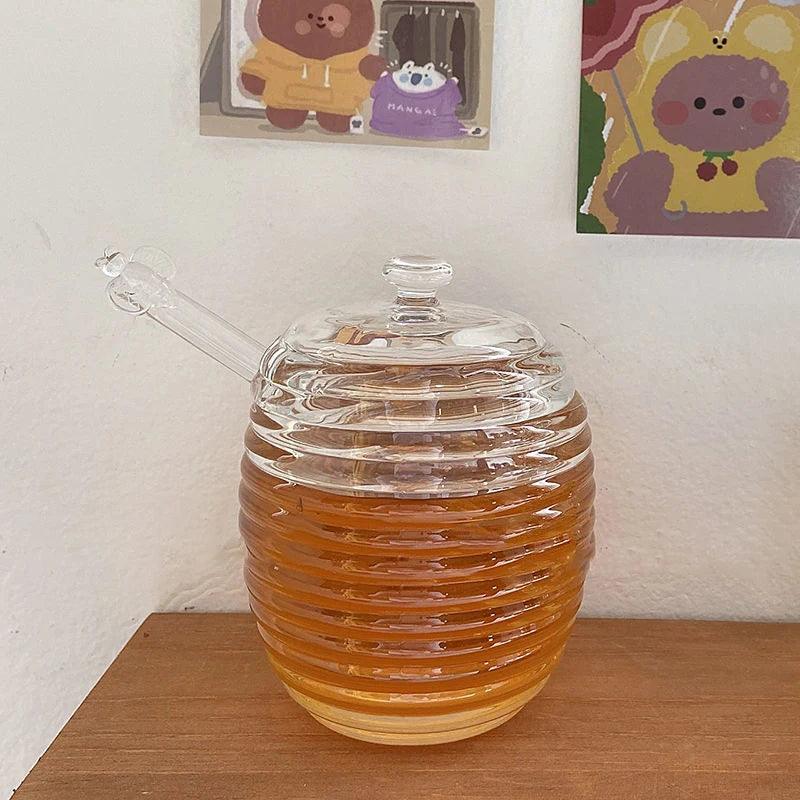 Rynx | Elegant 265ml Glass Honey Jar with Mixing Spoon - Ideal for Serving Honey, Juice, and Jam