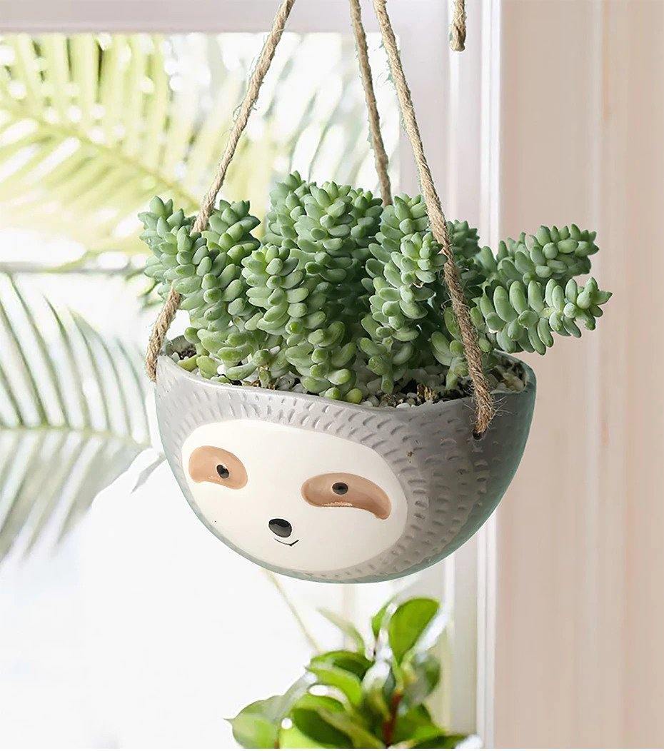 Rynx | ChillPaws Hanging Ceramic Planter for Succulents | Sloth Design | Stylish Decor for Home & Garden Light gray Bowl (standing)