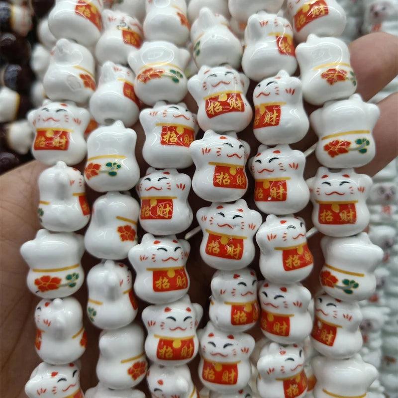 Rynx | Charming Lucky Cat Ceramic Beads Set - 20 Playful Pieces for DIY Jewelry Creations (15 mm x 17 mm)