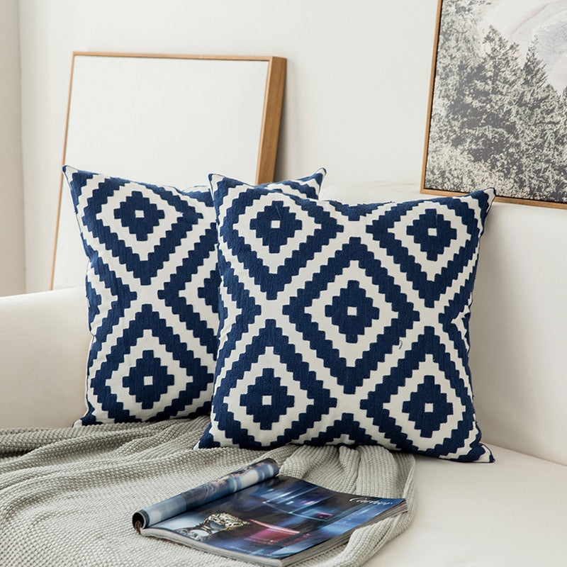 Rynx | Embroidered Cushion Cover Navy Blue/White Geometric Floral Canvas Cotton Square Embroidery Cushion Cover 45x45cm