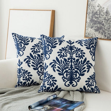 Rynx | Embroidered Cushion Cover Navy Blue/White Geometric Floral Canvas Cotton Square Embroidery Cushion Cover 45x45cm