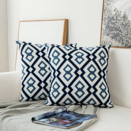 Rynx | Embroidered Cushion Cover Navy Blue/White Geometric Floral Canvas Cotton Square Embroidery Cushion Cover 45x45cm