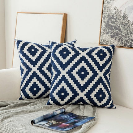 Rynx | Embroidered Cushion Cover Navy Blue/White Geometric Floral Canvas Cotton Square Embroidery Cushion Cover 45x45cm