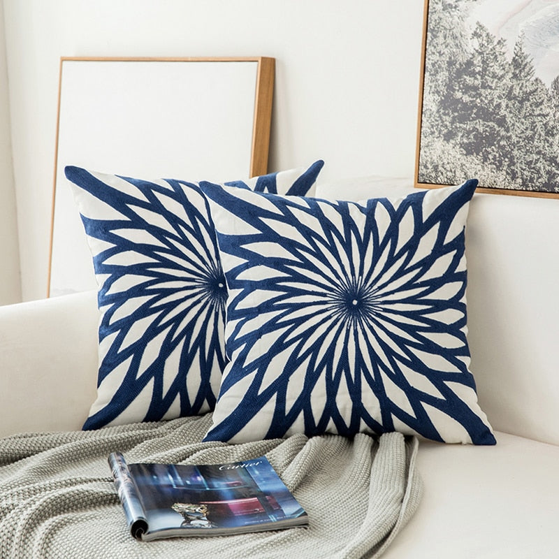 Rynx | Embroidered Cushion Cover Navy Blue/White Geometric Floral Canvas Cotton Square Embroidery Cushion Cover 45x45cm