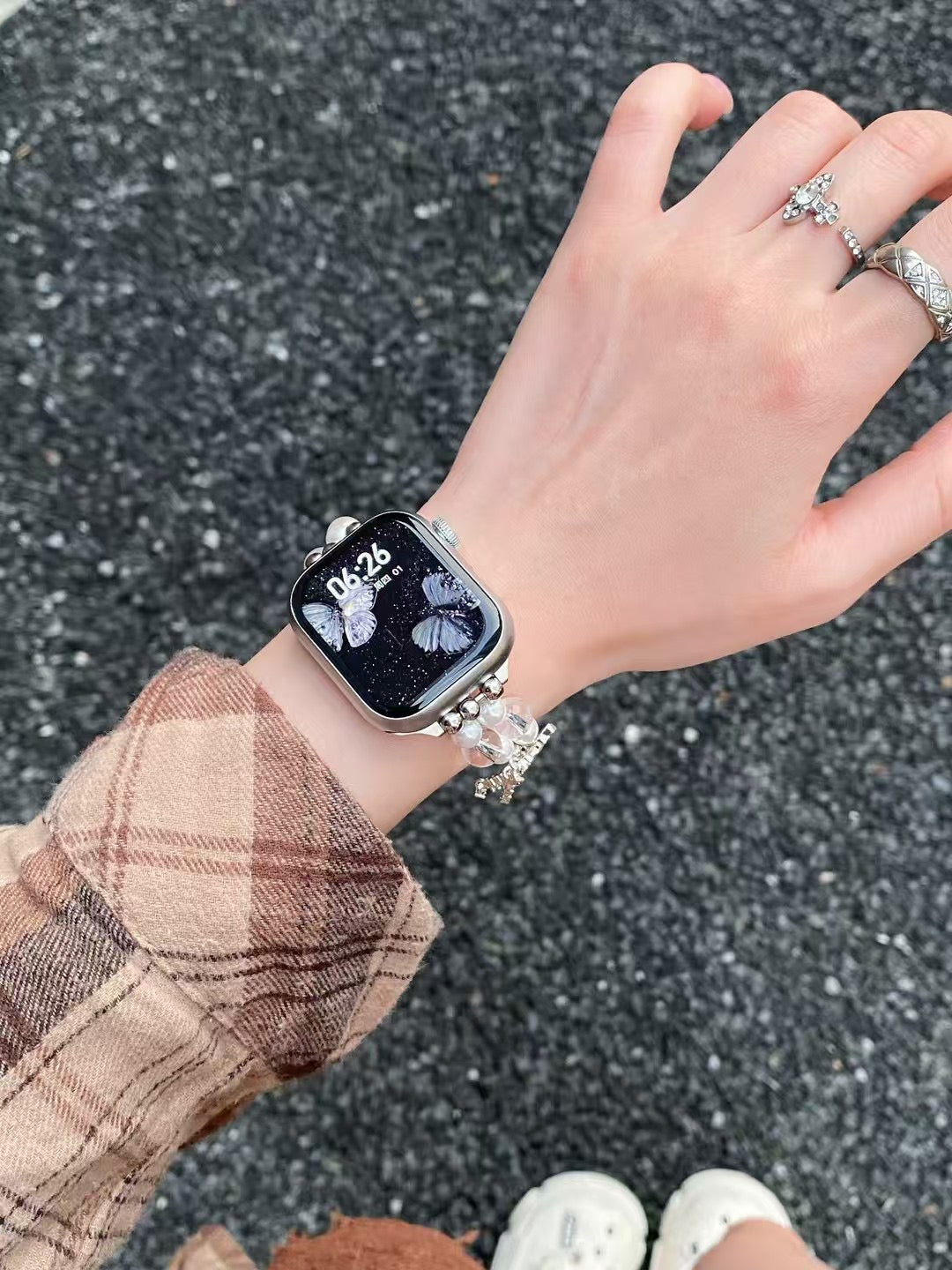 Rynx | Elegant Pearl Butterfly iWatch Band – Rose Quartz Pearl iWatch Strap with Adjustable Chain & Crystal Pendant
