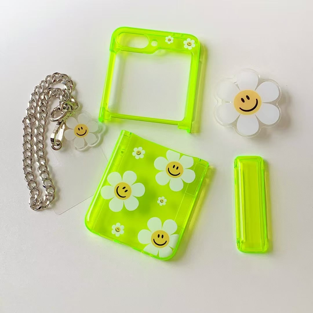 Rynx | Green Smiley Daisy Samsung Z Flip Case – Clear Floral Cover with Charm Chain